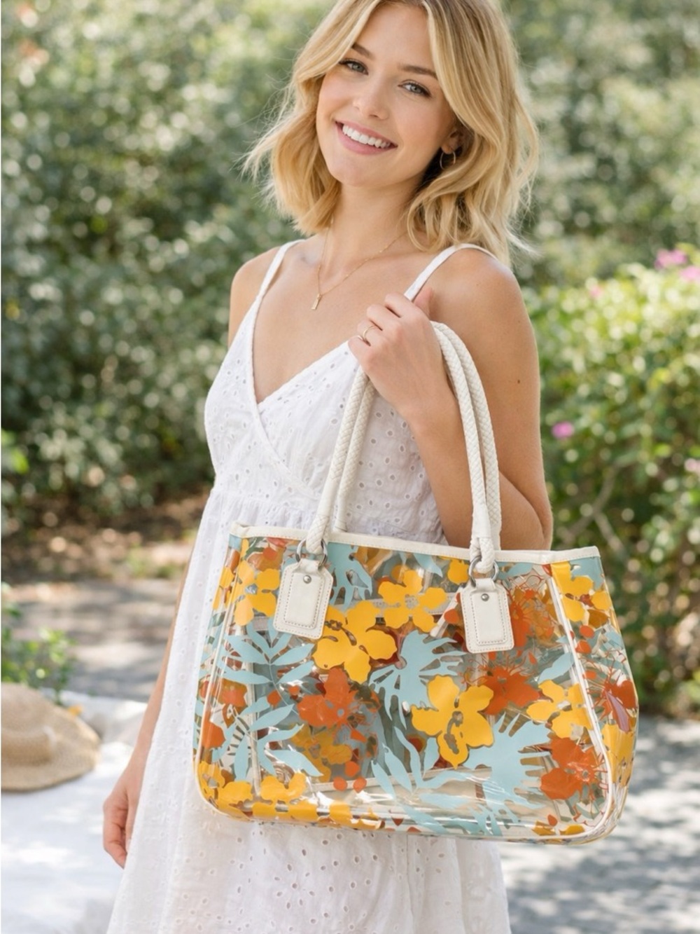 Cole Haan Clear Floral Tote with Orange and Aqua Accents